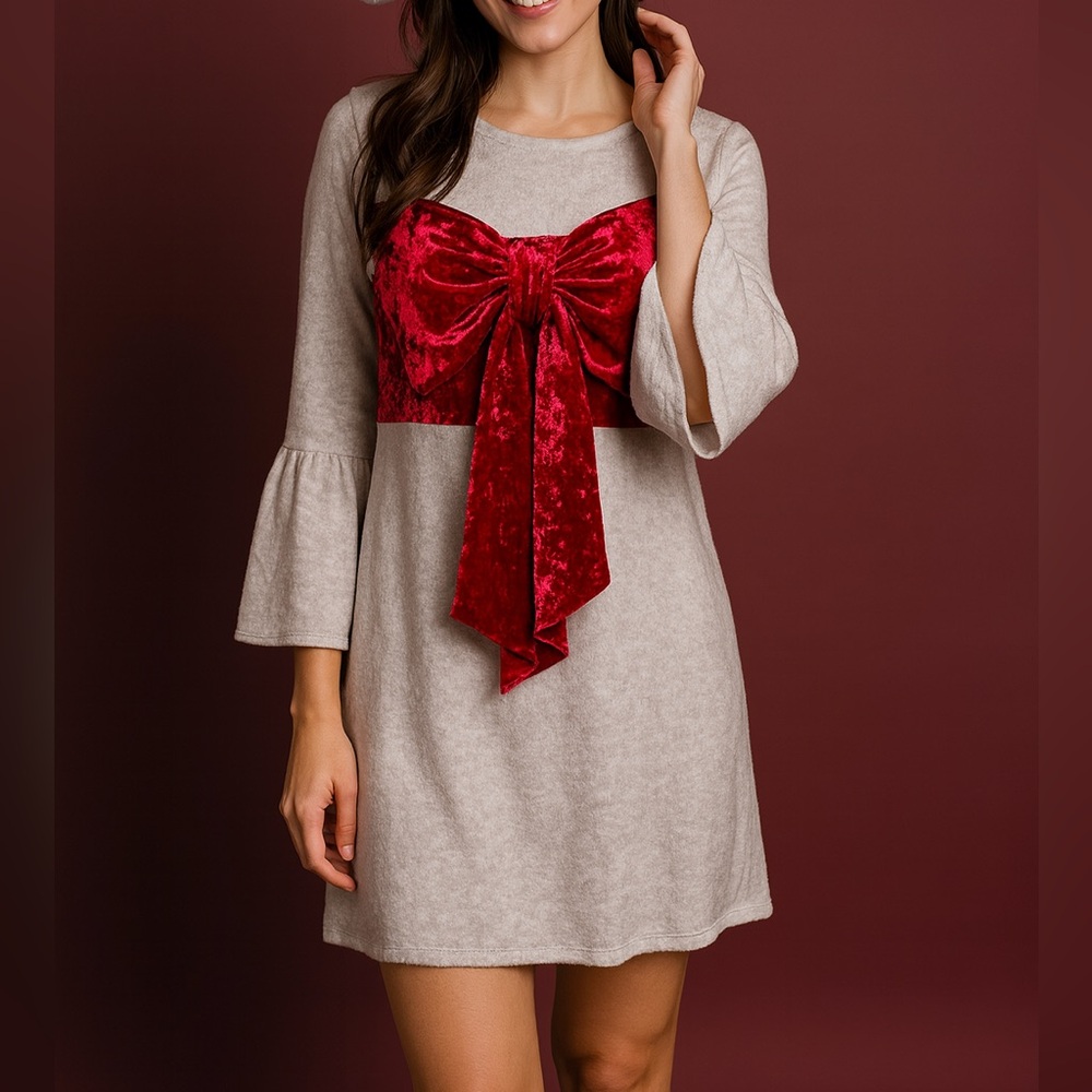 Xhilaration Cream Dress with Red Velvet Bow 🎀 Holiday Christmas Party Outfit XS